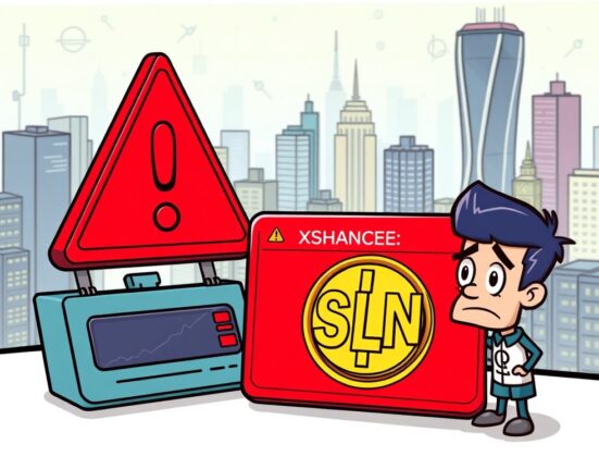 A cartoon illustration showing a red warning sign next to a Smart Layer SLN coin on a crypto exchange, symbolizing the investment warning.