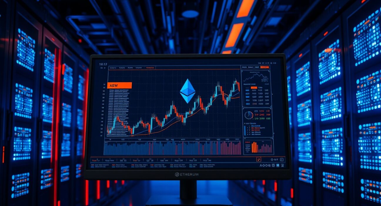 Ethereum blockchain data displayed on a monitor in a cryptocurrency mining server room.