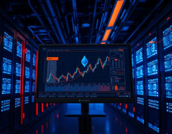 Ethereum blockchain data displayed on a monitor in a cryptocurrency mining server room.