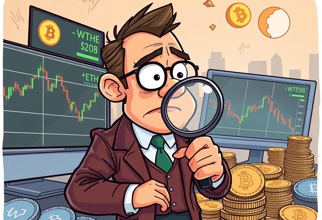 A cartoon illustration showing a strategic investor analyzing crypto charts, symbolizing smart money crypto investments in WBTC and ETH.