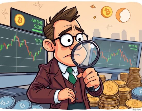 A cartoon illustration showing a strategic investor analyzing crypto charts, symbolizing smart money crypto investments in WBTC and ETH.