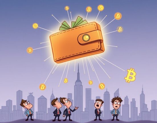 A mysterious Smart Money Wallet symbol hovering over a city, illustrating a significant Ethereum sell-off and its market impact.