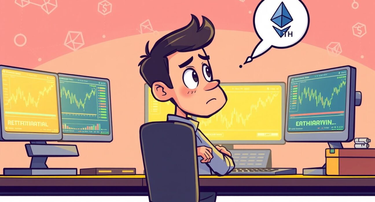 A cartoon smart trader evaluates their ETH position on screens, signaling a strategic market move.