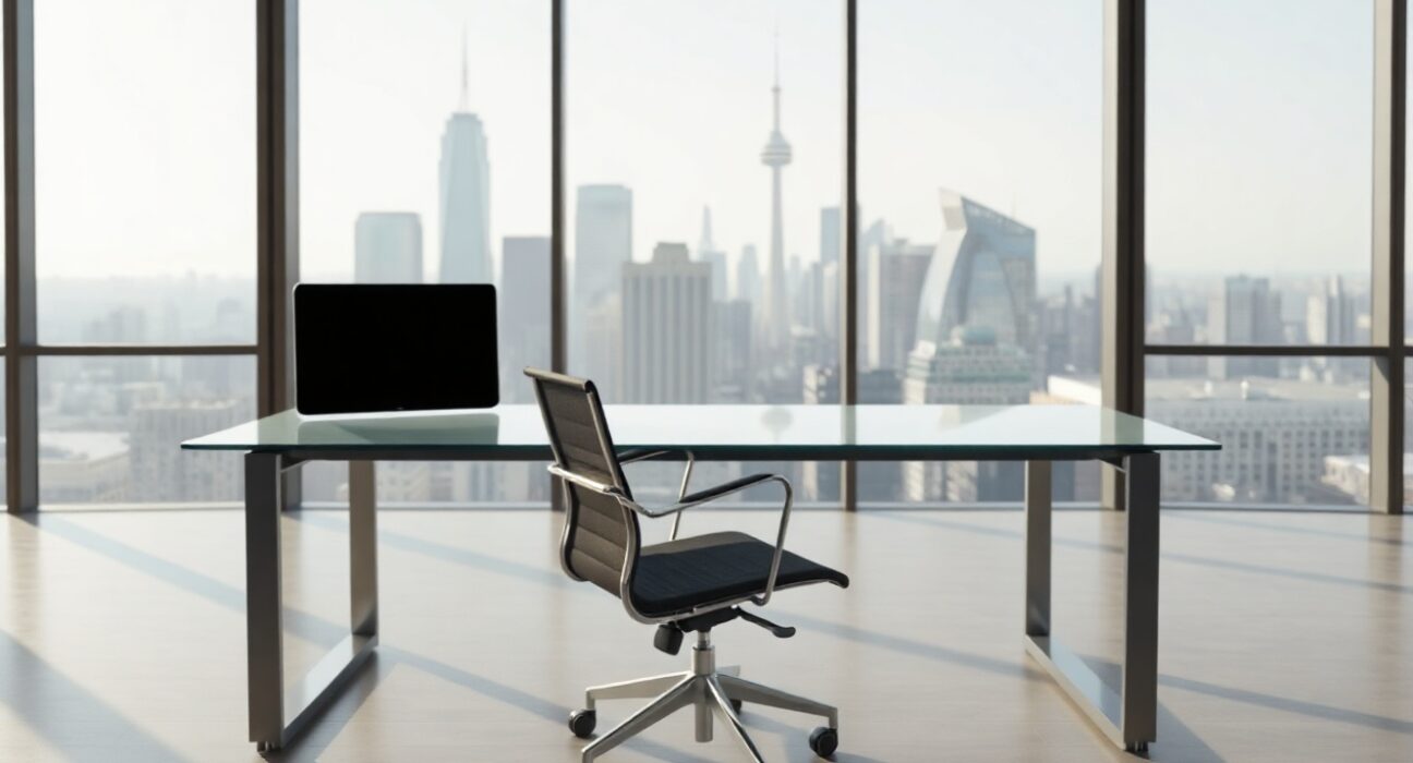 Empty office desk with chair in a modern corporate setting, representing Smartbird's new AI startup