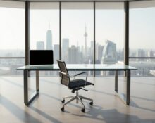 Empty office desk with chair in a modern corporate setting, representing Smartbird's new AI startup