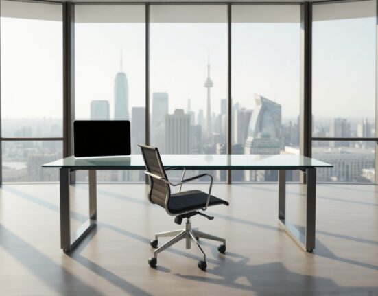 Empty office desk with chair in a modern corporate setting, representing Smartbird's new AI startup