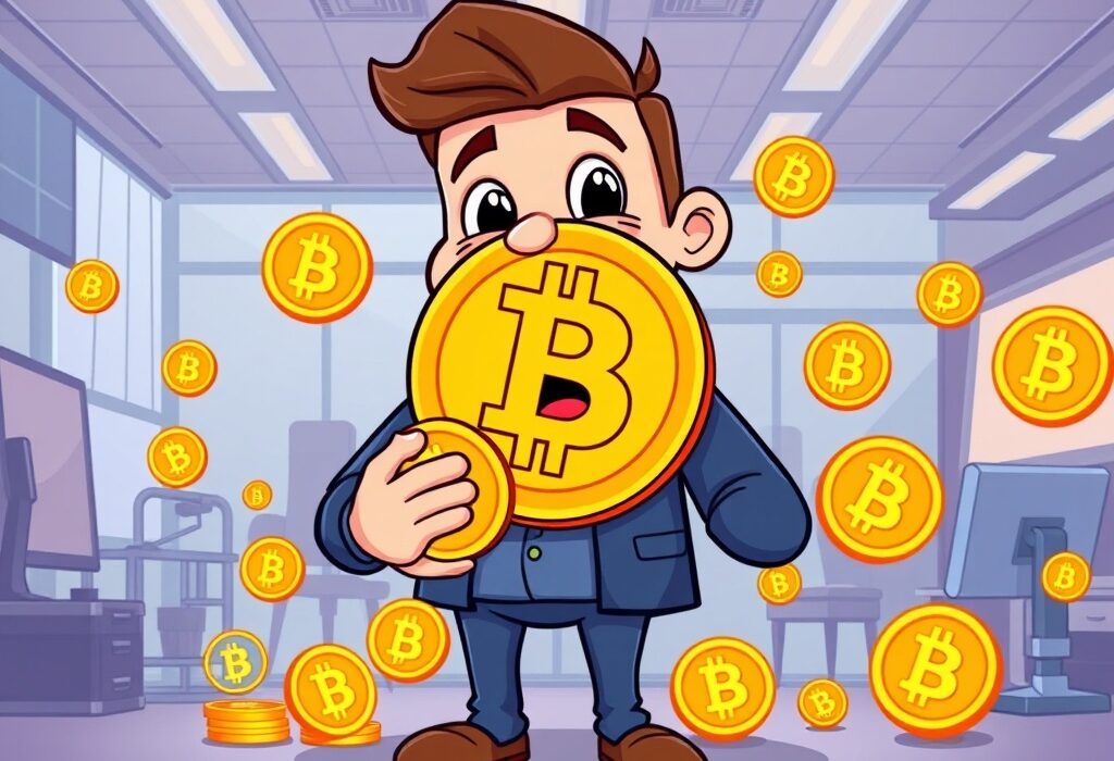 A cartoon mascot representing a company holding a Bitcoin, symbolizing successful Bitcoin acquisition and corporate investment in digital assets.