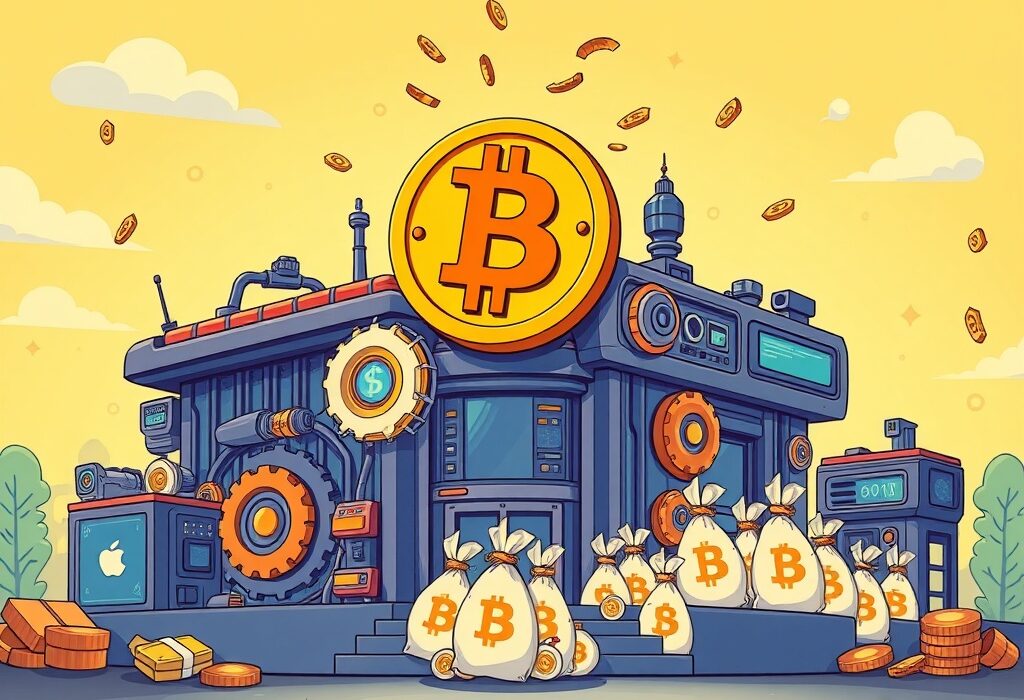 An illustration showing a tech company growing with new funding, highlighting the significance of Bitcoin payment acceptance in its expansion.