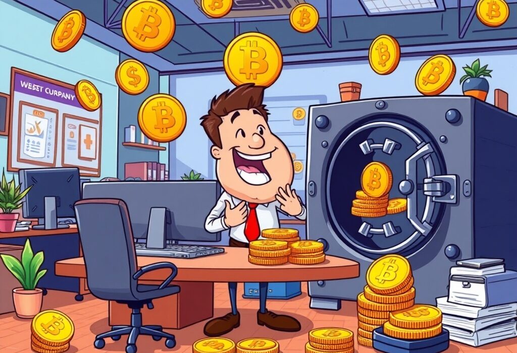 Cartoon showing Smarter Web Company's strategic Bitcoin acquisition, highlighting their growing digital asset portfolio.