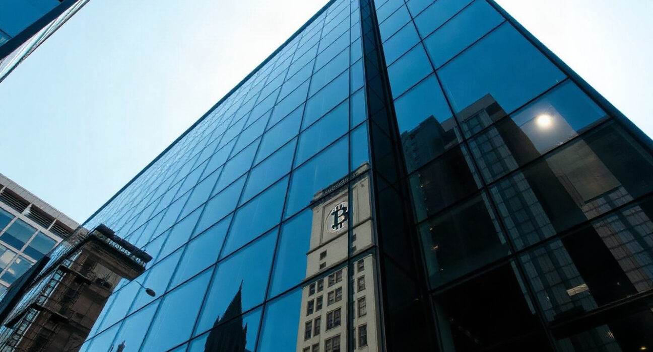 London-listed Smarter Web Company office building with subtle Bitcoin symbol reflection