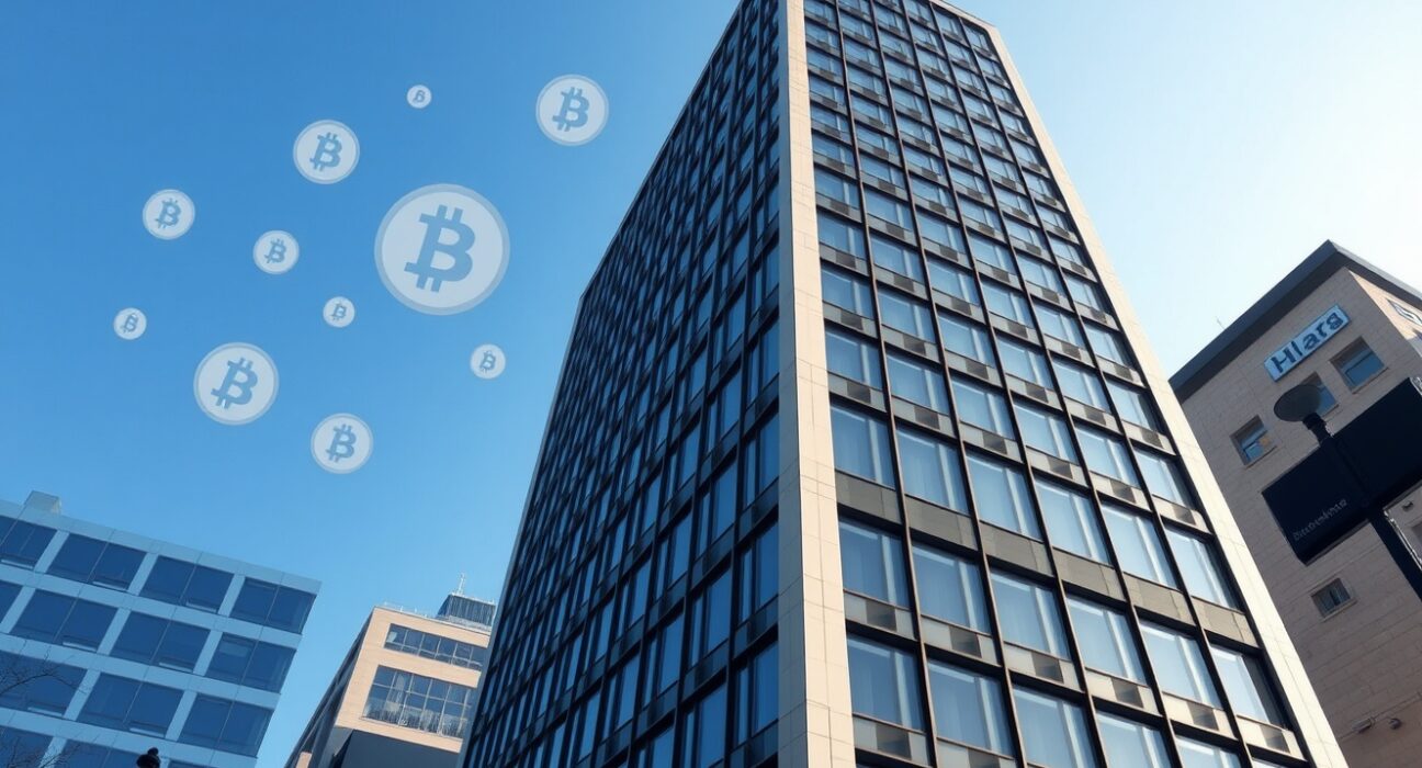 Smarter Web Company office building in London with Bitcoin symbols in the sky