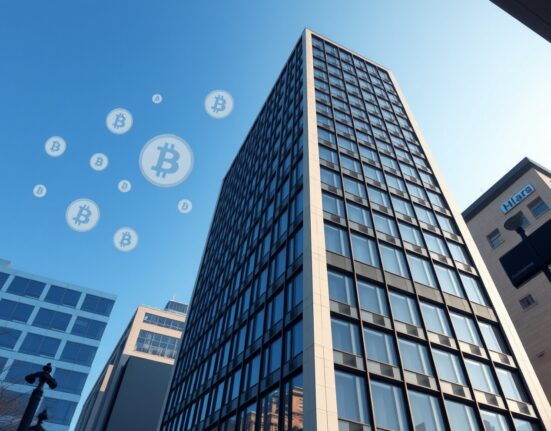 Smarter Web Company office building in London with Bitcoin symbols in the sky