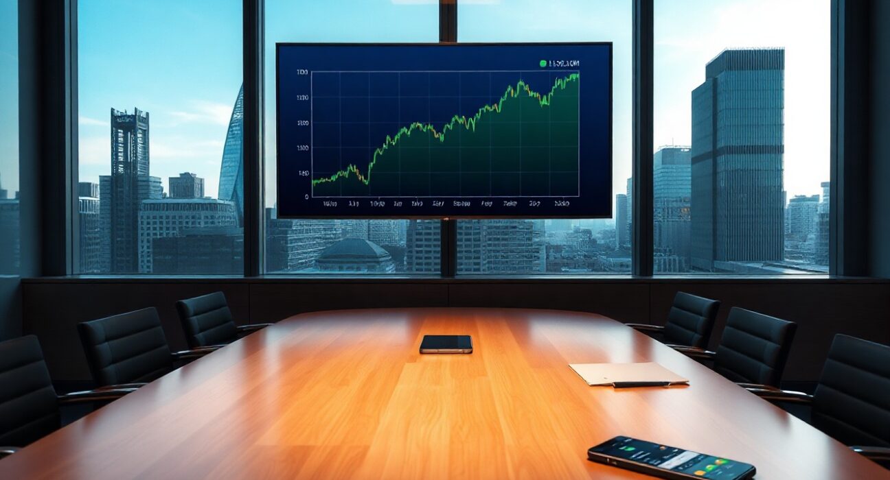 Corporate boardroom in London with Bitcoin price chart on digital screen