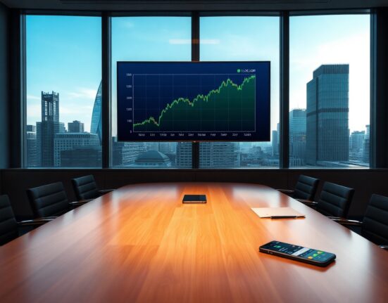 Corporate boardroom in London with Bitcoin price chart on digital screen