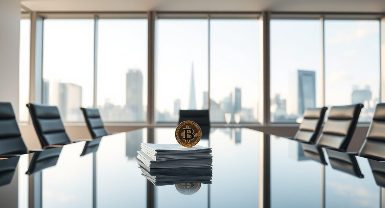 Boardroom scene with financial documents and Bitcoin coin symbolizing SmarterWebCompany's restructuring for Bitcoin-backed stock