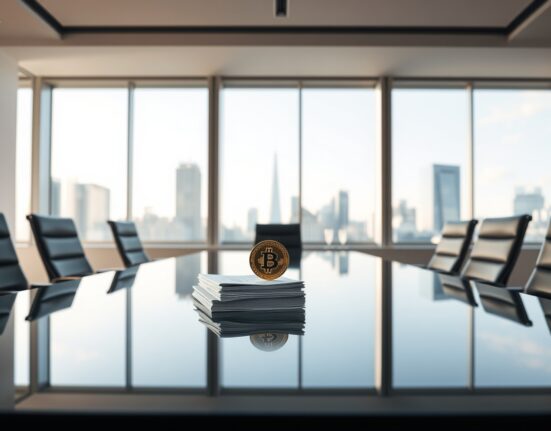 Boardroom scene with financial documents and Bitcoin coin symbolizing SmarterWebCompany's restructuring for Bitcoin-backed stock