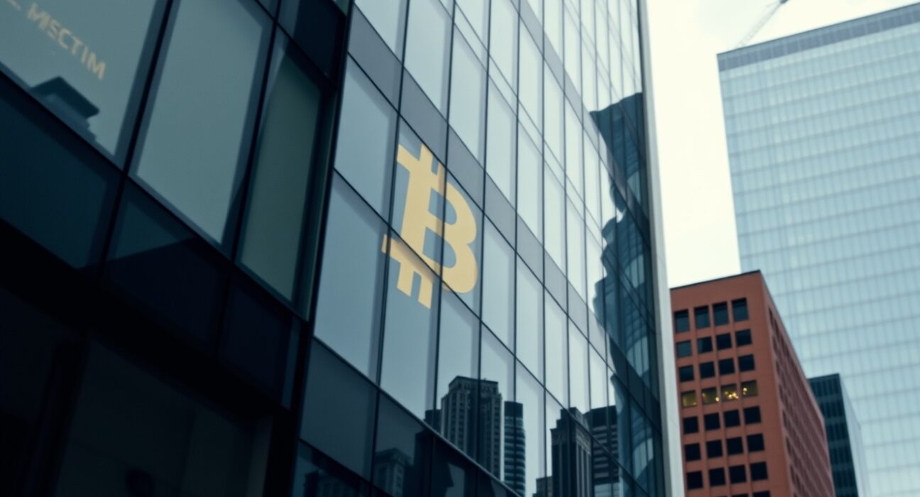 Modern corporate office building in London's financial district with Bitcoin symbol reflection