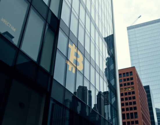 Modern corporate office building in London's financial district with Bitcoin symbol reflection