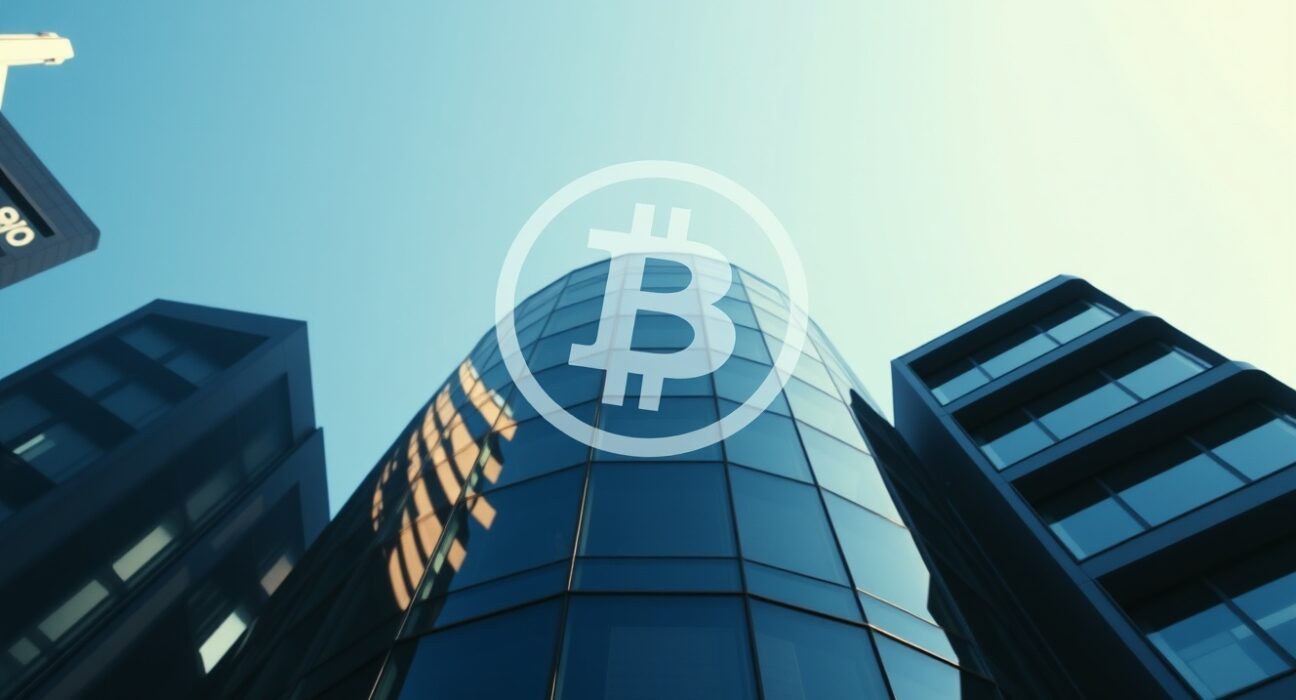 Modern corporate building in London financial district with a subtle digital Bitcoin overlay, representing a public company's Bitcoin acquisition.