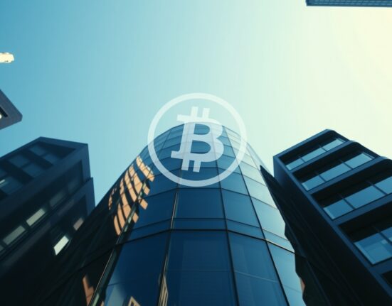 Modern corporate building in London financial district with a subtle digital Bitcoin overlay, representing a public company's Bitcoin acquisition.