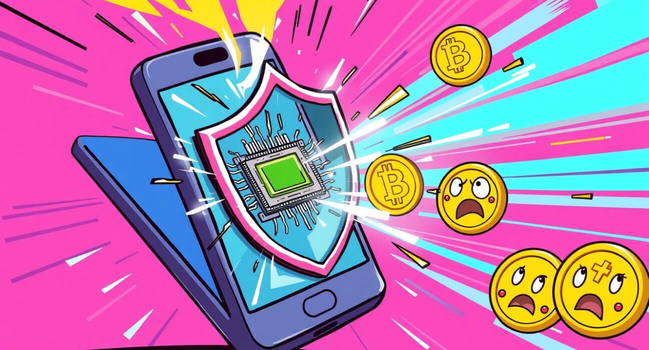 Cartoon illustration of smartphone chipsets vulnerable to electromagnetic attack stealing cryptocurrency