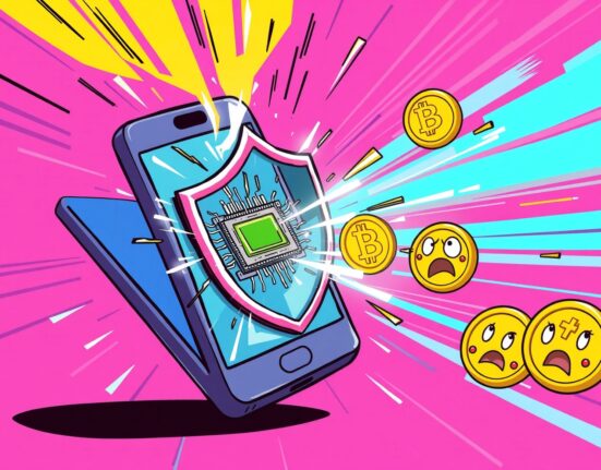 Cartoon illustration of smartphone chipsets vulnerable to electromagnetic attack stealing cryptocurrency