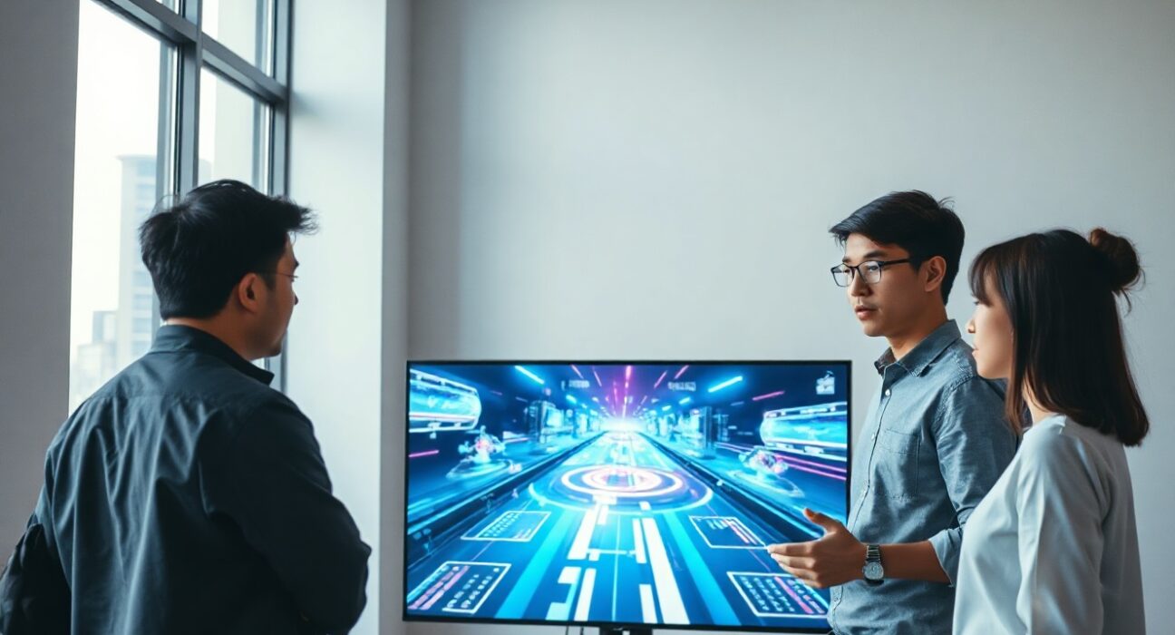 Team of professionals discussing AI-generated video graphics on a large screen in a modern office.