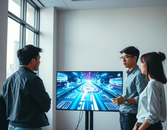 Team of professionals discussing AI-generated video graphics on a large screen in a modern office.