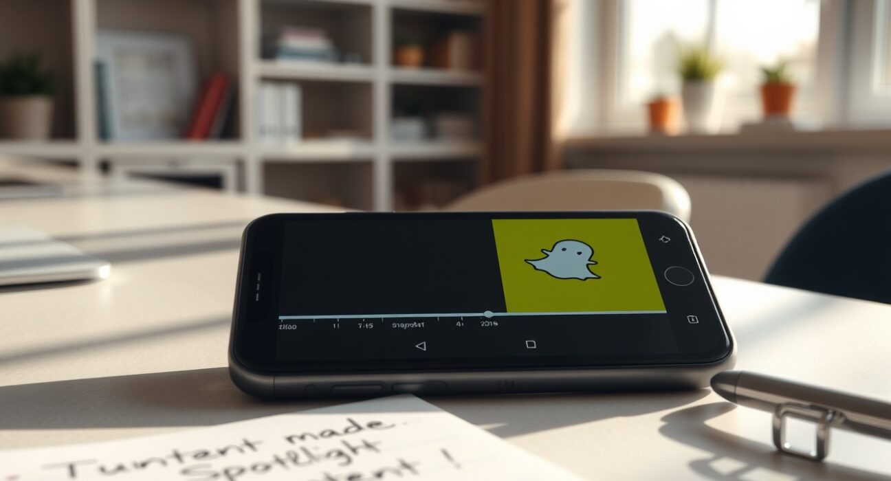 Smartphone displaying Snapchat app with Spotlight video editing interface on a desk