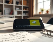 Smartphone displaying Snapchat app with Spotlight video editing interface on a desk