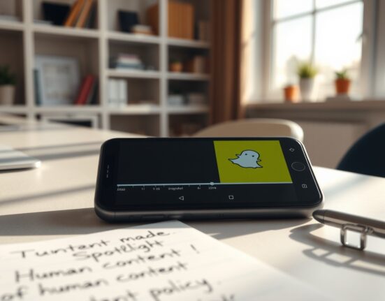 Smartphone displaying Snapchat app with Spotlight video editing interface on a desk