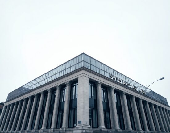 Swiss National Bank building in Bern, Switzerland, on an overcast day.