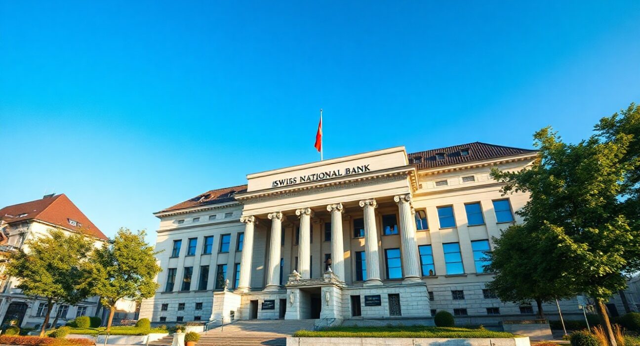 Swiss National Bank headquarters building in Bern on a sunny day, representing monetary policy decision.