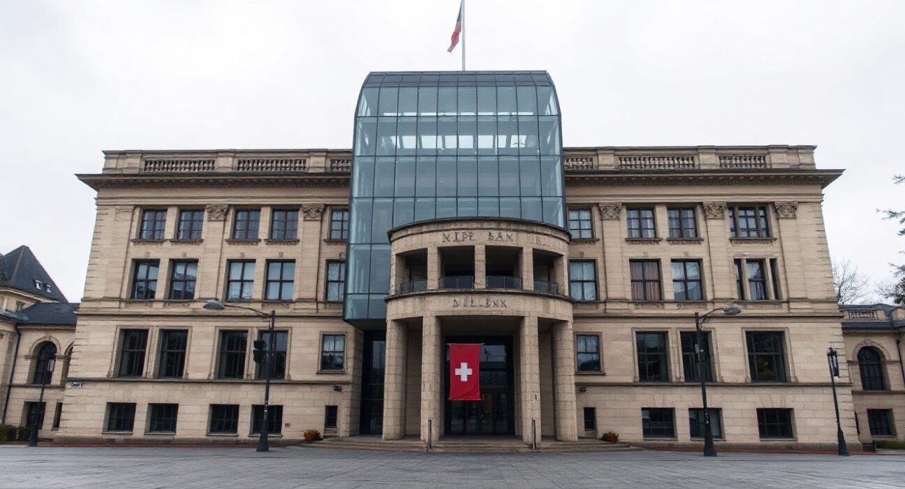 Swiss National Bank headquarters in Bern, Switzerland, under overcast sky