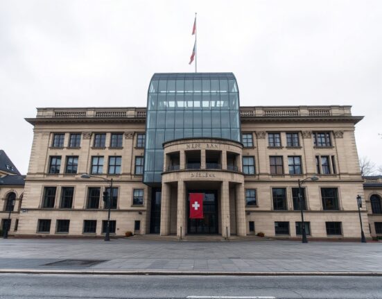 Swiss National Bank headquarters in Bern, Switzerland, under overcast sky