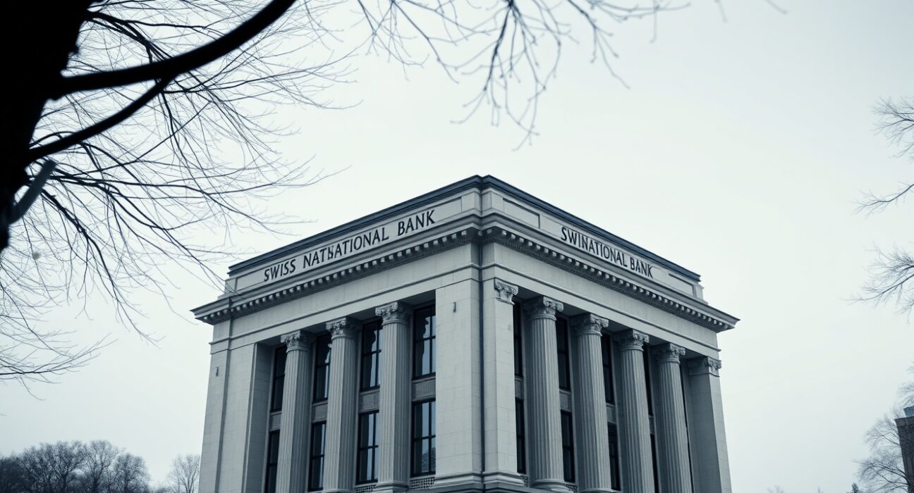 Swiss National Bank headquarters in Bern on a cloudy day, representing currency policy concerns.