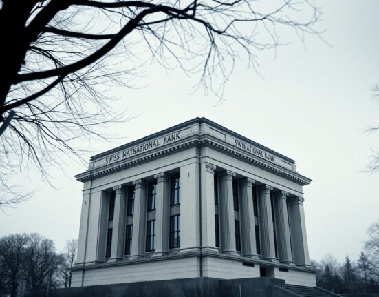 Swiss National Bank headquarters in Bern on a cloudy day, representing currency policy concerns.