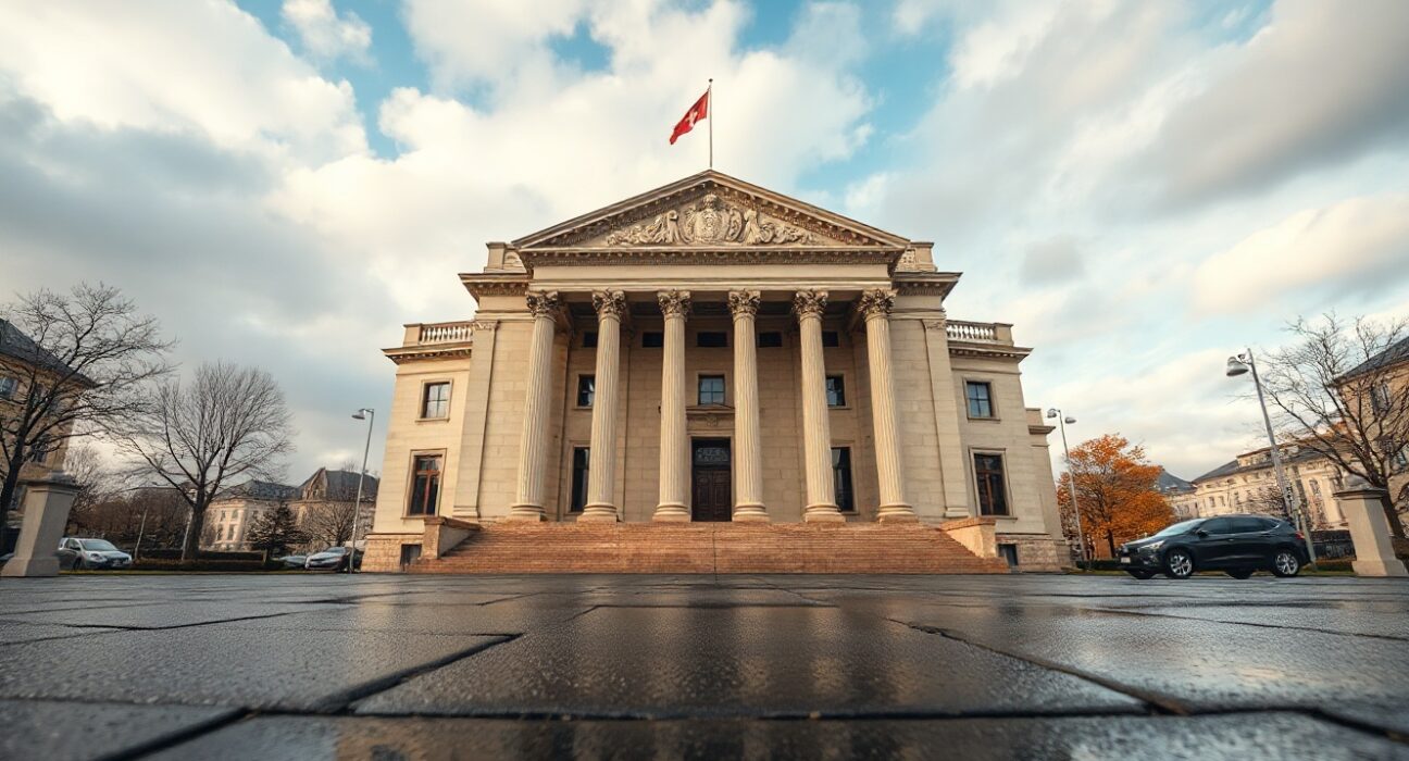 Swiss National Bank headquarters in Bern under overcast sky, signaling monetary policy stance.