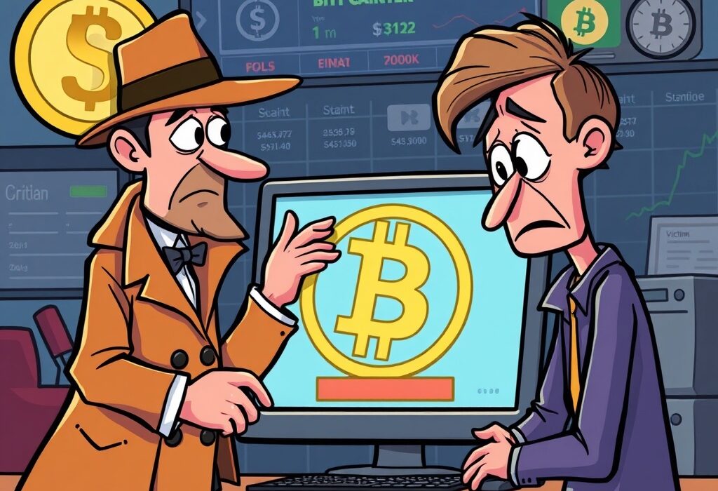 A cartoon image illustrating the devastating impact of a social engineering scam on a Bitcoin holder, emphasizing the loss of funds.