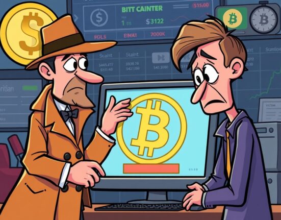 A cartoon image illustrating the devastating impact of a social engineering scam on a Bitcoin holder, emphasizing the loss of funds.
