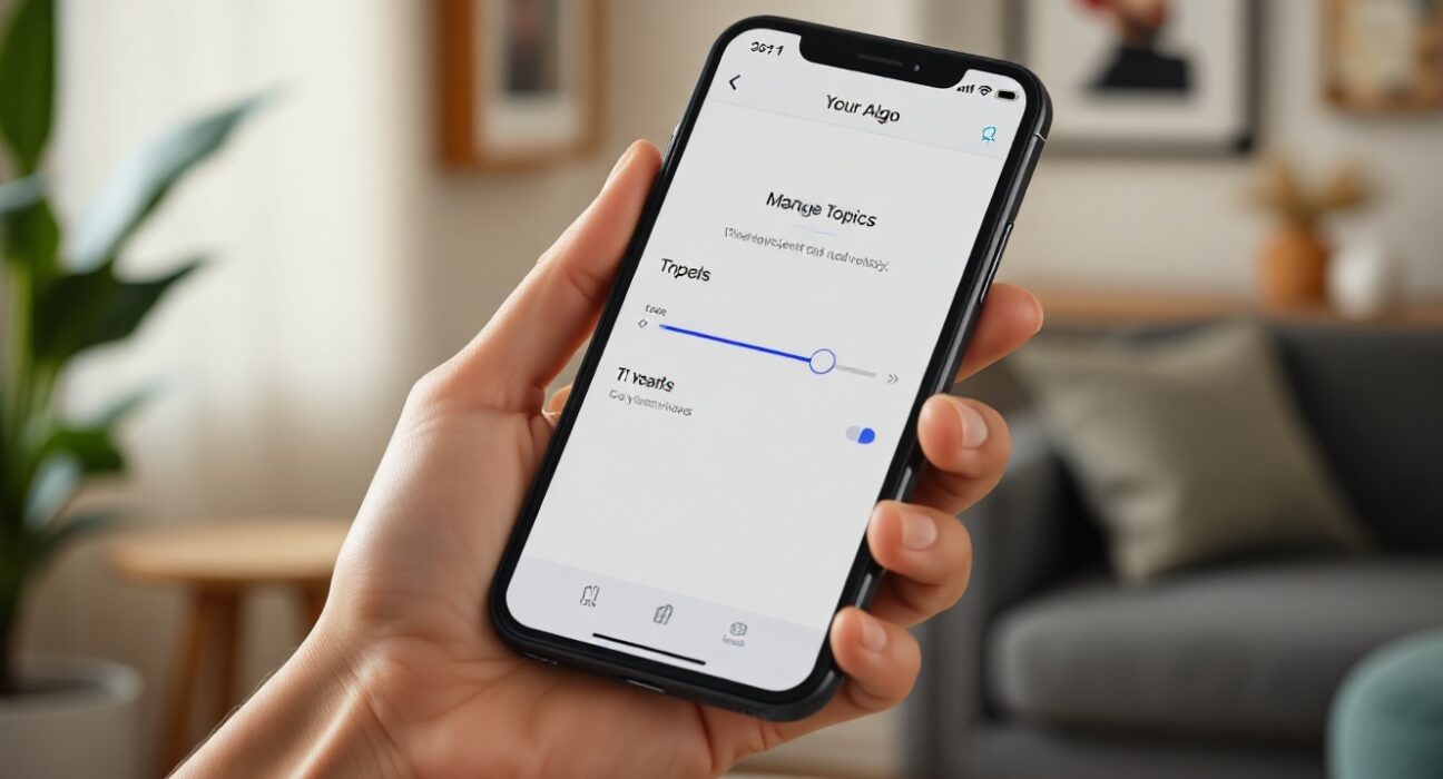 Smartphone screen showing social media algorithm personalization controls with topic sliders