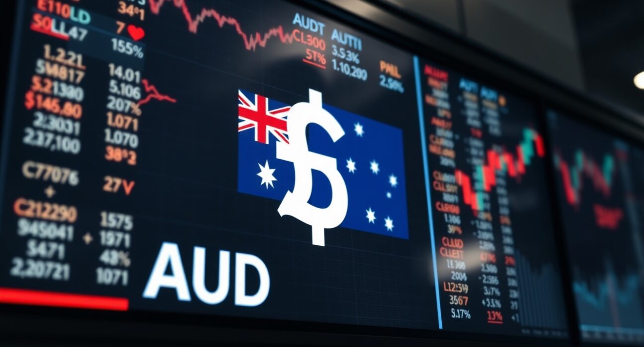 Currency exchange board showing Australian Dollar with financial charts in background