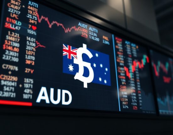 Currency exchange board showing Australian Dollar with financial charts in background