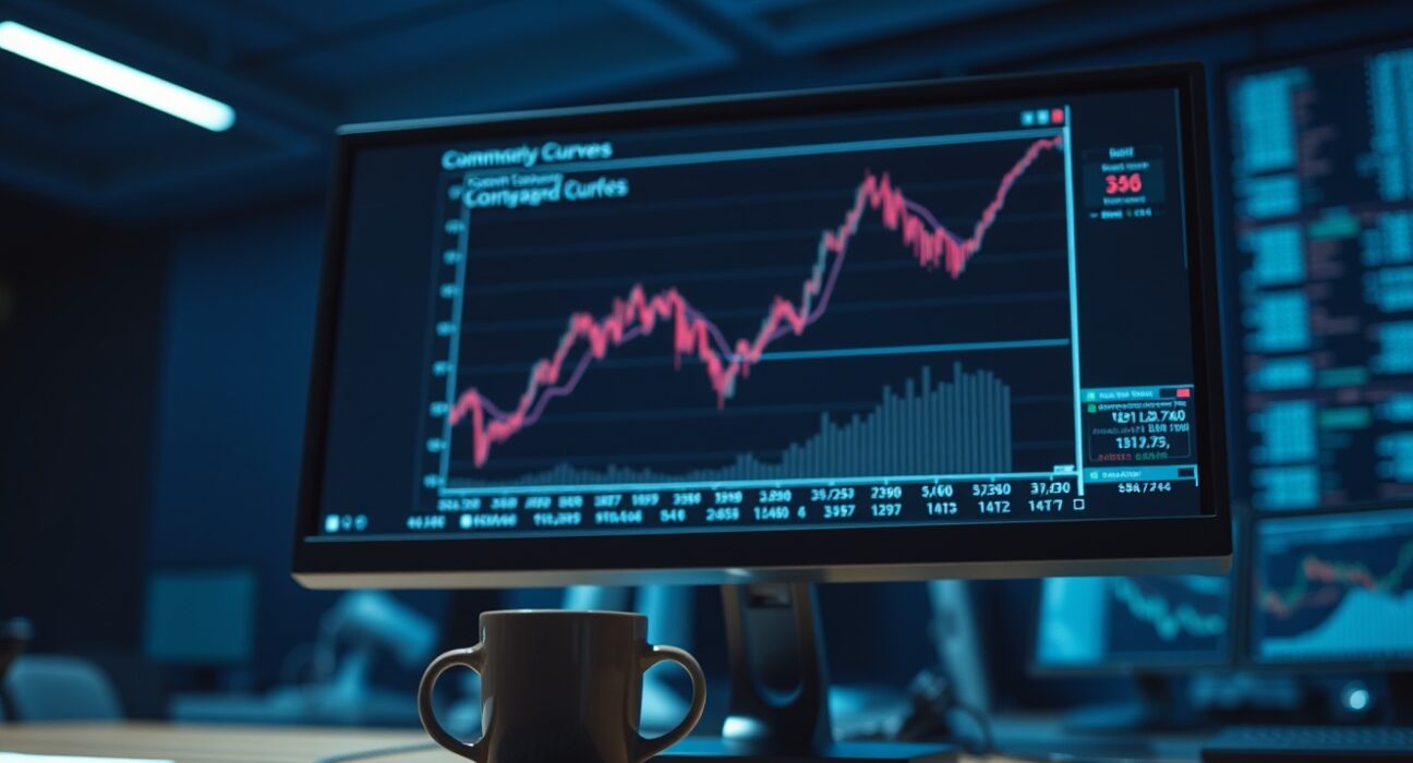 Financial analyst's monitor displaying commodity forward curves and carry trade analysis