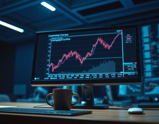 Financial analyst's monitor displaying commodity forward curves and carry trade analysis