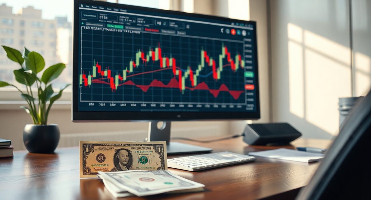 Analyst desk with USD/KRW chart and Korean won banknotes