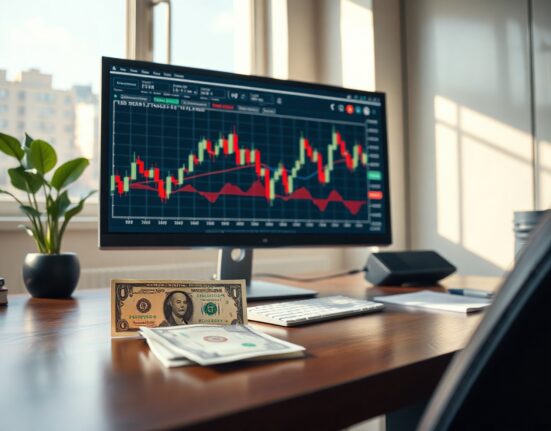Analyst desk with USD/KRW chart and Korean won banknotes