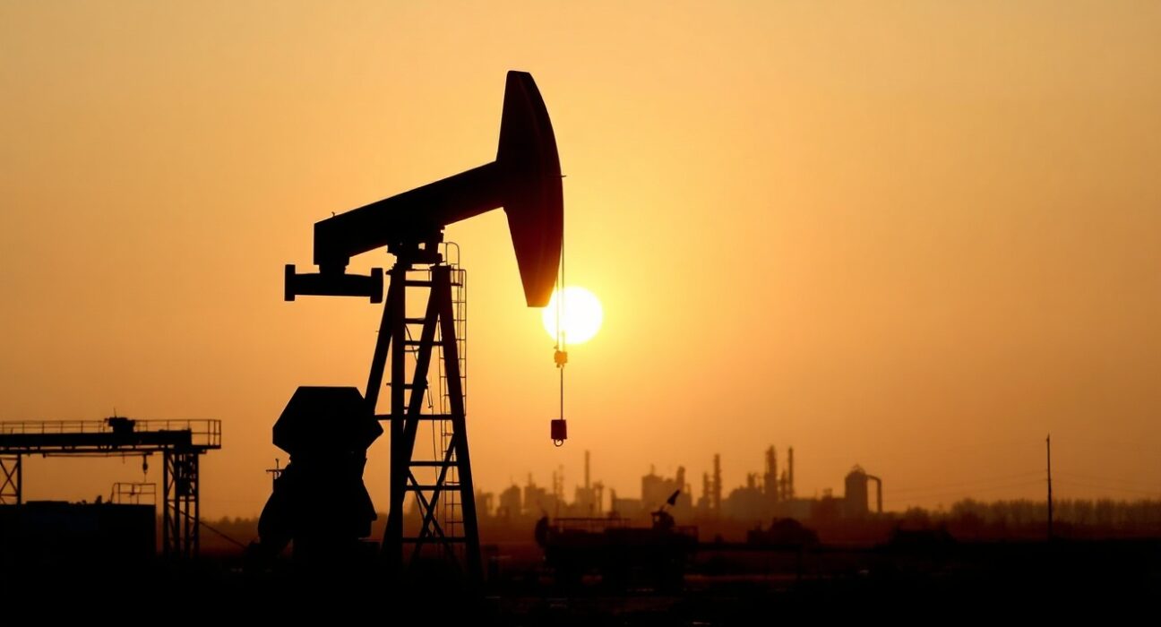 Oil pumpjack silhouetted against a sunset sky, representing gradual oil market recovery and geopolitical risk premium.