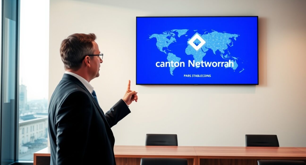 French banker pointing at a digital screen showing Canton Network and stablecoin branding in a modern Paris office