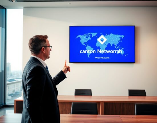 French banker pointing at a digital screen showing Canton Network and stablecoin branding in a modern Paris office